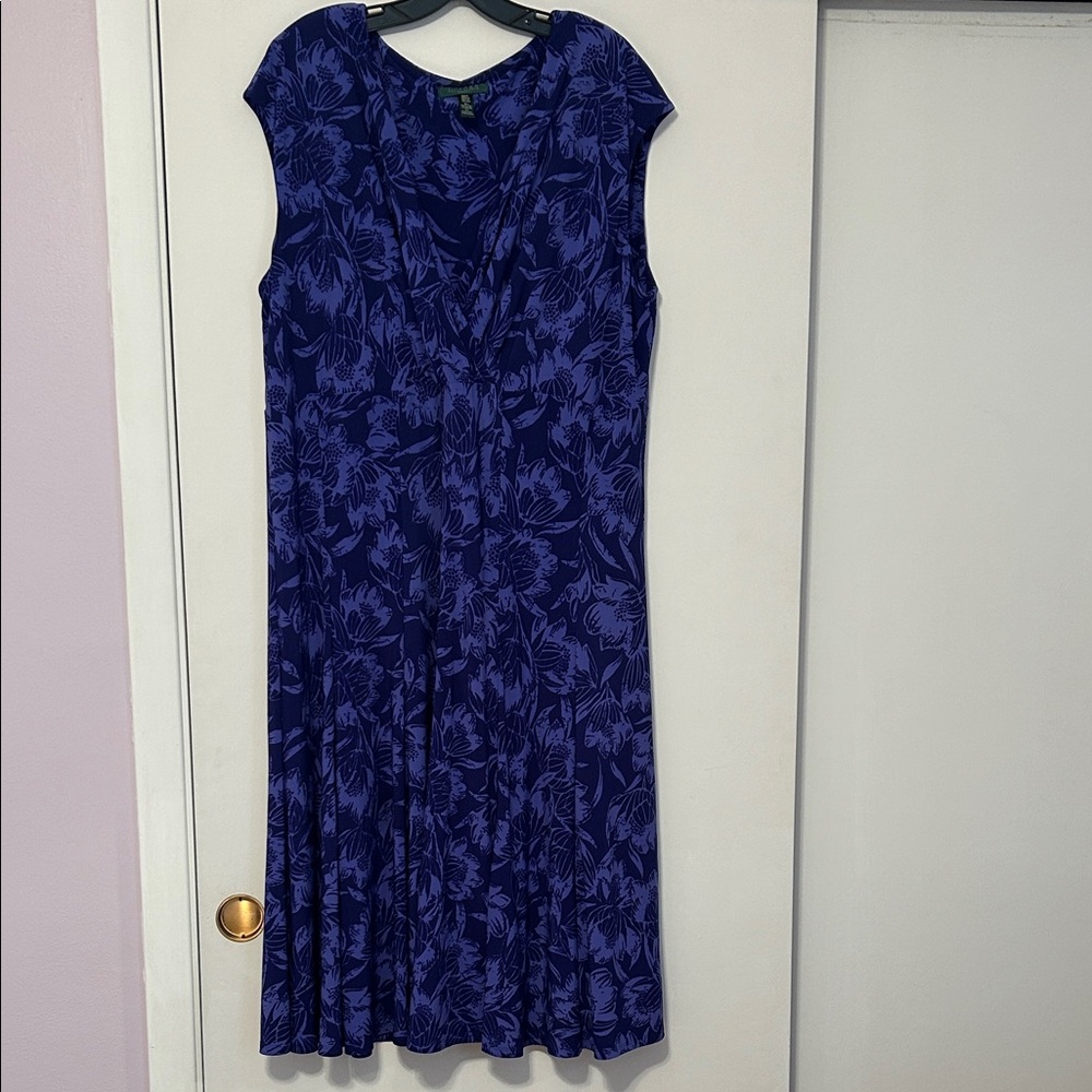 Lauren Ralph Lauren; Floral Blue V Neck Sleeveless Dress